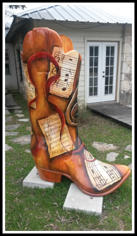 This boot is set in front of the Wimberley Pie Co. (If you ever go, you must try the fudge pie. Yummy!) Fun fact: Austin, TX is considered the music capital of the world. 